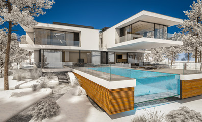 3d rendering of modern cozy house by the river with garage. Cool winter day with shiny white snow. For sale or rent with beautiful mountains on background
