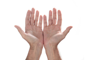 open caucasian man's hands isolated on white background with copy space