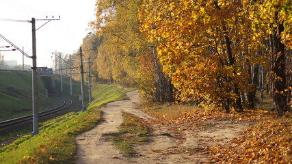 a railway with a turn into a tunnel, with wires and poles for electricity in the lowland of the autumn Park