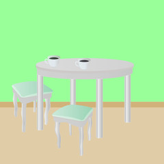 table with cups of coffee in a bright room
