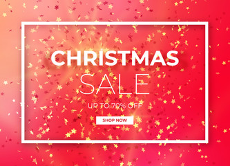 Christmas sale design with gold glitter and star shapes confetti. Vector illustration.