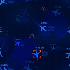 Crédence de cuisine en verre imprimé Motif militaire Radar militaire bleu détaillé avec itinéraires aériens et modèle sans couture de signes cibles