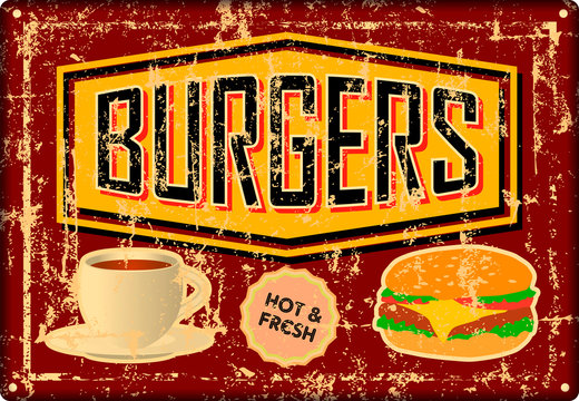 grunge retro Burger, Hamburger, diner tin sign, vintage advertising signage vector