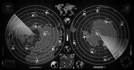 Detailed dark military radar with two displays with with planes traces and target signs - obrazy, fototapety, plakaty