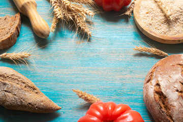 Rustic food background with fresh homemade bread