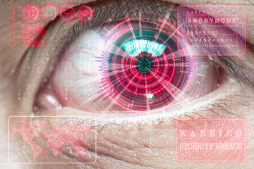 Eye retina with Warning Red futuristic digital hologram. Biometrics and access concept. Double exposure