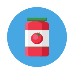 Tomato paste in glass jar flat icon isolated on blue background. Simple tomato paste in flat style, vector illustration for web and mobile design.