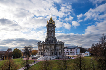 Panoramic beautiful view of the Dubrovitsy Estate. Znamenskaya church Podolsk Moscow region Russia. Golden autumn.