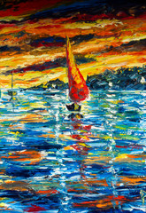 Impasto-Ölgemälde des Impressionismus-Meerblicks, zeitgenössischer Stil, Spachtel und Bürste. Expressionismus, Segelschiff, Yacht, Boot. Gelbe rote schwarze Wolken, Sonnenuntergang über Meer. © weris7554