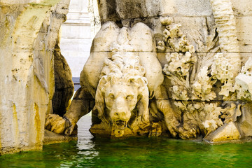 Naklejka na ściany i meble The figure of the Drinknig Lion, a fragment of the Fountain of Four Rivers, Navon square, Rome, Italy.