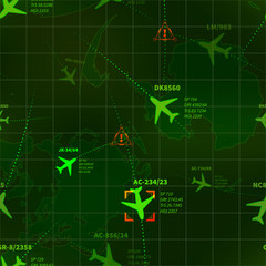 Detailed green military radar with planes traces and target signs seamless pattern