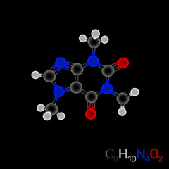 Caffeine model molecule. Isolated on black background. 3D rendering illustration.