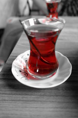 Traditional Turkish Tea on Wooden Table