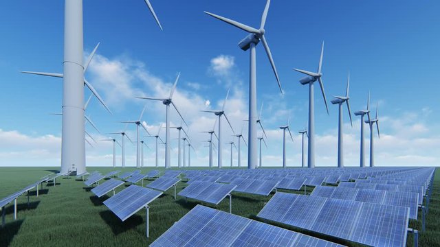 Solar panel array and wind turbines
