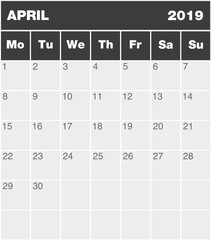 Classic month planning calendar in English for April 2019, Monday to Sunday (all year avalaible in portfolio), blank template, greyscale