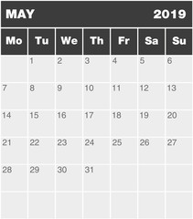 Classic month planning calendar in English for May 2019, Monday to Sunday (all year avalaible in portfolio), blank template, greyscale