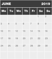 Classic month planning calendar in English for June 2019, Monday to Sunday (all year avalaible in portfolio), blank template, greyscale
