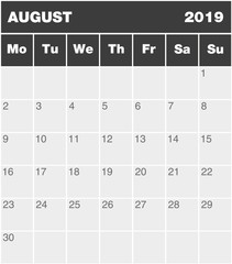 Classic month planning calendar in English for August 2019, Monday to Sunday (all year avalaible in portfolio), blank template, greyscale