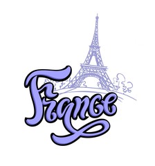 Travel. The trip to France, Paris. Lettering. A sketch of the Eiffel tower. The design concept for the tourism industry. Vector illustration