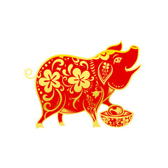 Chinese contemporary modern art red and golden line smile pig 001