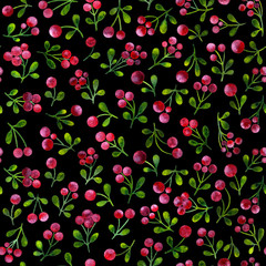 Seamless pattern with branches of cowberries, painted in watercolor. 
Template for printing on fabric, paper. Pattern with cowberry on black background.