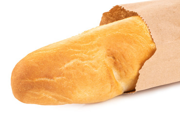 french baguette in the paper bag isolated on white