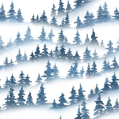 Wall murals Forest Watercolor pine trees silhouettes. Christmas and New Year seamless pattern