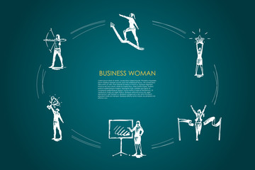 Business woman - women with star in hands, archery, with trophy, crossing finish, climbing on arrow up vector concept set