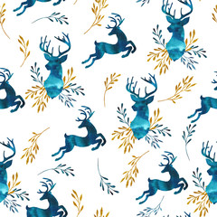 Watercolor blue gold deer silhouettes with twigs on white and colored backgrounds for Christmas and happy new year cards, wedding invitations, winter holiday works