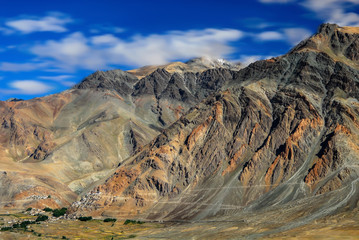 Scenic view of Zanskar Range and Karsha Monastery along the foothill, Padum valley, Zanskar, Ladakh region, India.