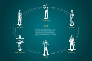 Job - surgeon, deliveryman, doctor, businessman, builder, businesswoman vector concept set
