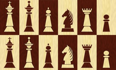 Set of chess pieces on chessboard fields, wooden inlay design, white piece on black field, black piece on white field, vector illustration