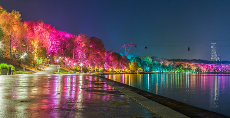 Night decoration of the park in the form of multi-colored lights. Magical forest in Moscow