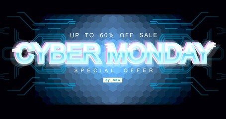 Cyber monday inscription in distorted glitch style on black background. Digital author font, cyber font, advertising discount banner.