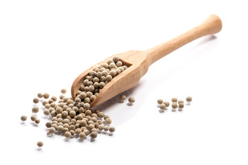 Close-up of pile of white pepper seeds spice in a wooden spoon on white background