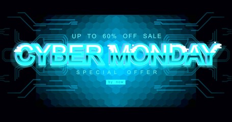 Cyber monday inscription in distorted glitch style on black background. Digital author font, cyber font, advertising discount banner.