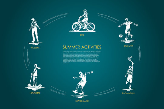 Summer activities - bike, soccer, badminton, skateboard, rollers, scooter vector concept set