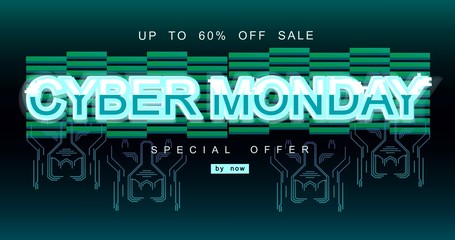 Cyber monday inscription in distorted glitch style on black background. Digital author font, cyber font, advertising discount banner.