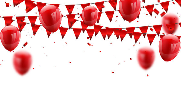 Red balloons, confetti concept. Celebration Vector illustration. template Happy Valentine's Day,