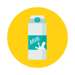 Pack of milk flat icon with long shadow isolated on yellow background. Simple milk package in flat style, vector illustration for web and mobile design. Breakfast element. 