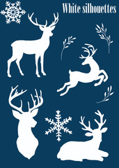 Watercolor deep blue gold white silhouettes of cute deer on a white dark background hand-drawn