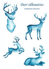 Watercolor deep blue gold white silhouettes of cute deer on a white dark background hand-drawn
