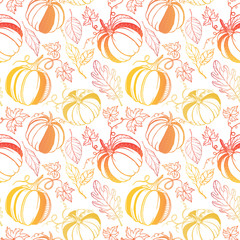 Seamless pattern. Bright pattern with stylized pumpkins and leaves in fall colors. Beautiful hand drawn vector elements. Decorative background for greeting cards, prints, flyer and so much more.