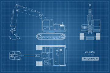 Blueprint of excavator on white background. Top, side and front view. Diesel digger. Hydraulic machinery image