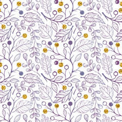 Seamless pattern. Pattern with leaves and berries. Hand drawn stylized elements. Decorative background for greeting cards, prints, flyer and so much more.