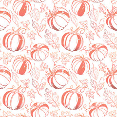 Seamless pattern.Grange pattern with stylized pumpkins and leaves in fall colors. Beautiful hand drawn vector elements. Decorative background for greeting cards, prints, flyer and so much more.