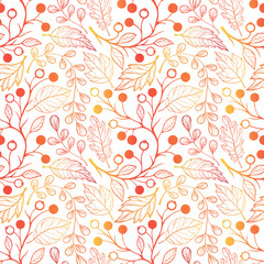 Seamless pattern. Bright pattern with leaves and berries in fall color. Beautiful hand drawn vector elements. Decorative background for greeting cards, prints, flyer and so much more.