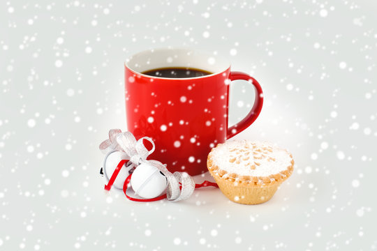 Red Coffee Mug with Jingle Bells, Mince Pie and Snowflakes