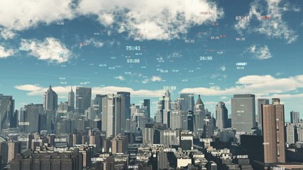 4k timelapse cloud fly over urban building and skyscrapers,NewYork City Scene.a financial tech digital data globe,tech network,complexity and data flood of modern digital age.Business figures. - Powered by Adobe