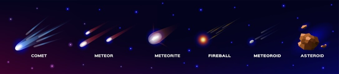 comet meteorite meteor fireball meteoroid and asteroid vector - obrazy, fototapety, plakaty